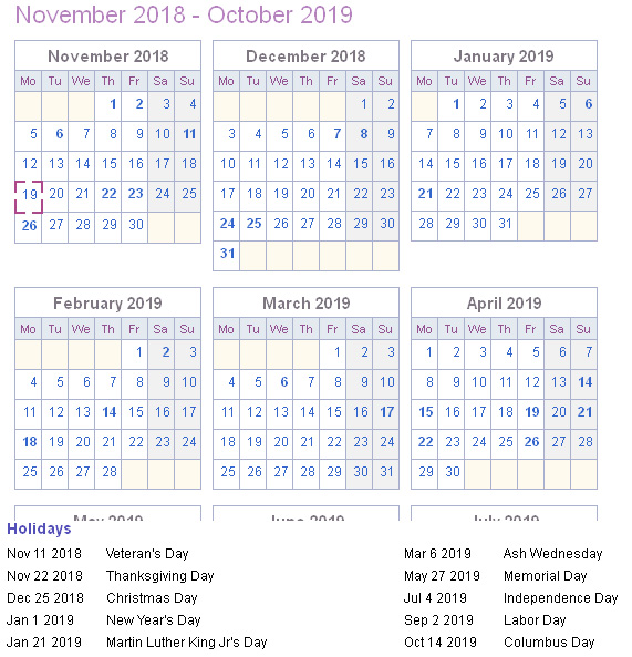Calendar Generator - Yearly Calendar, Week Starts Monday
